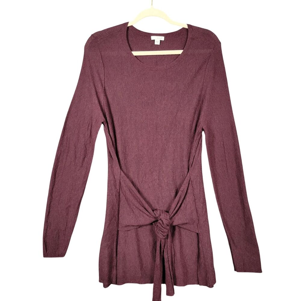 PURE JILL Wine Ribbed Knit Long Sleeve Tie Front Tunic Top SIZE MEDIUM